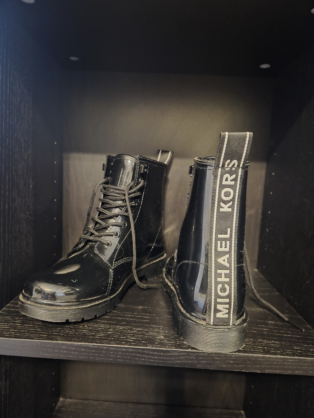 Michael Kors Black Patent Lace-Up Combat Boots